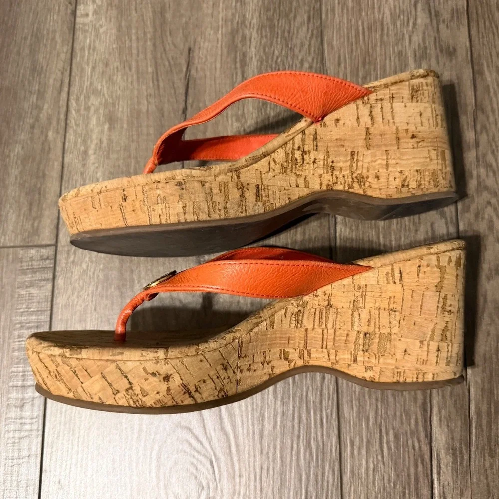 Tory Burch Orange Leather Cork Wedge Thong Sandals 6 1/2 M